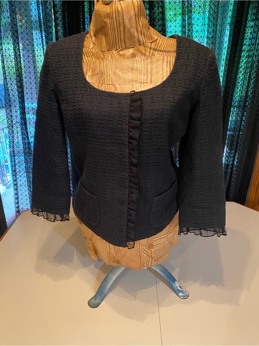 Etcetera Black Textured Open-Front Ruffle-Trim Jacket